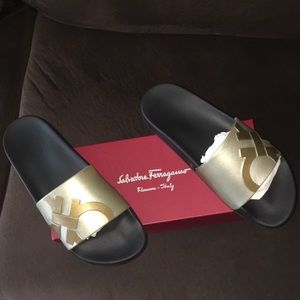 Authentic Salvatore Ferragamo Slides - GOLD/BLACK